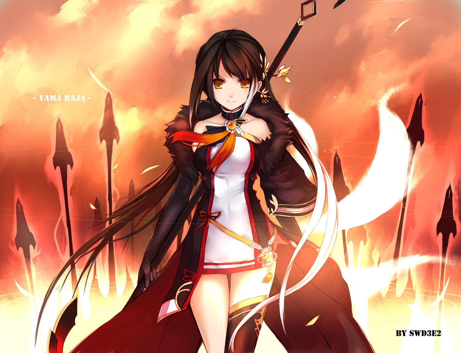 ara_haan, black_hair, choker, dress, elsword, long_hair, swd3e2, thighhighs, watermark, weapon, yellow_eyes