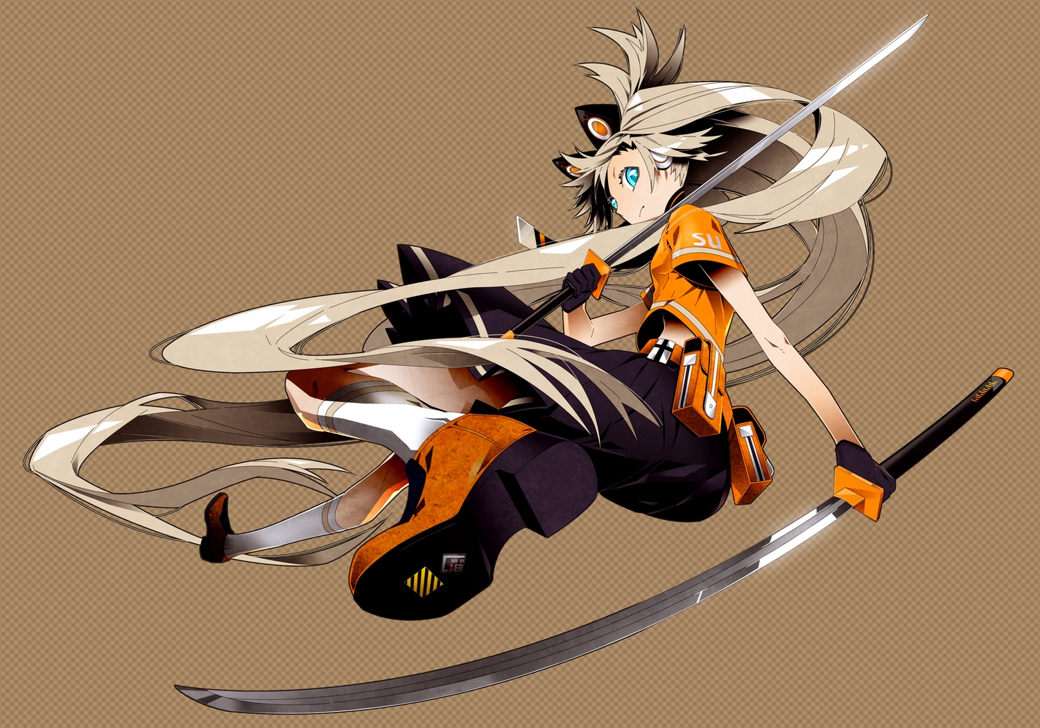 blonde_hair, blue_eyes, katana, kimdazzi, kneehighs, long_hair, seeu, skirt, sword, vocaloid, weapon