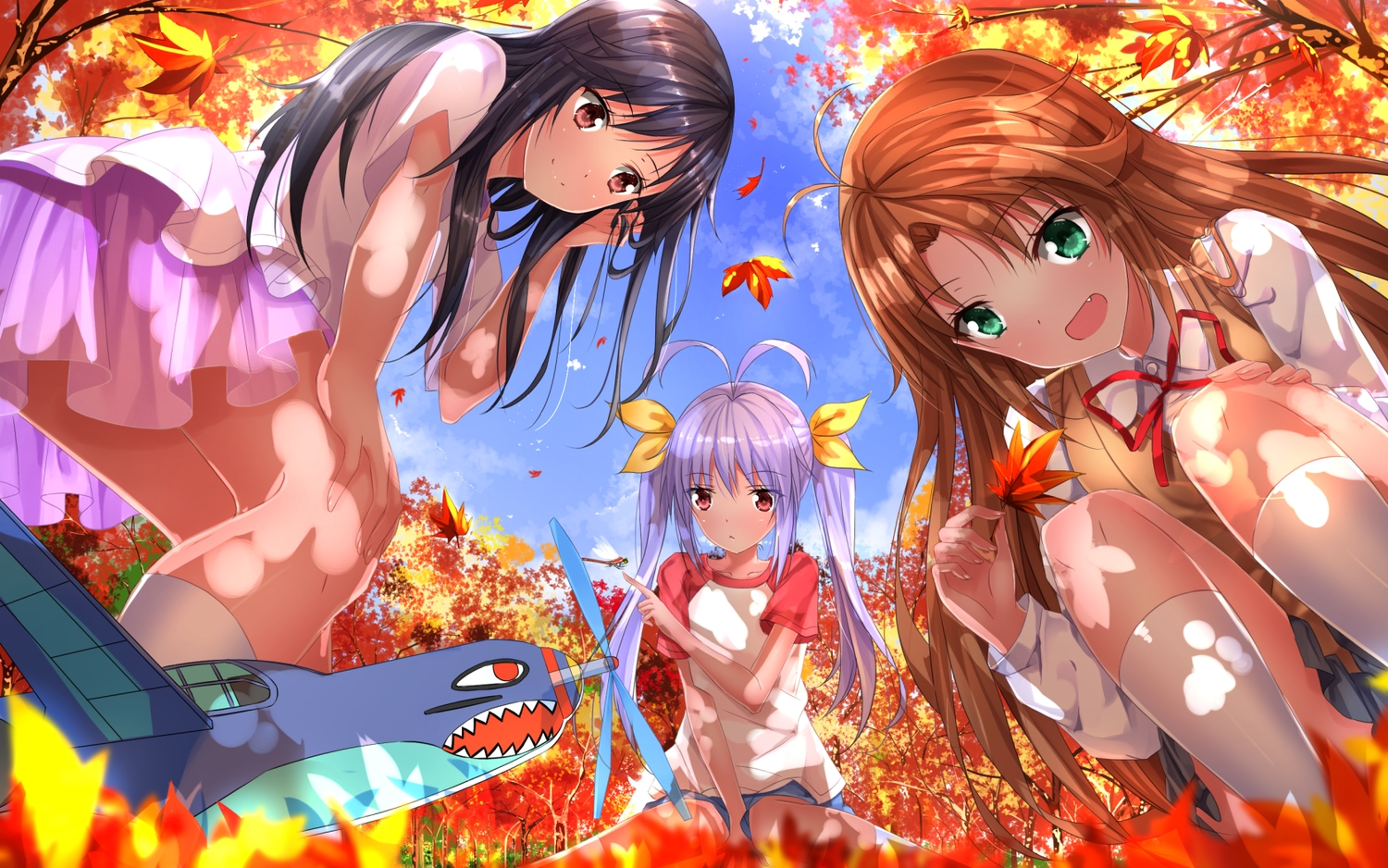 autumn, black_hair, brown_eyes, brown_hair, fang, green_eyes, ichijou_hotaru, kneehighs