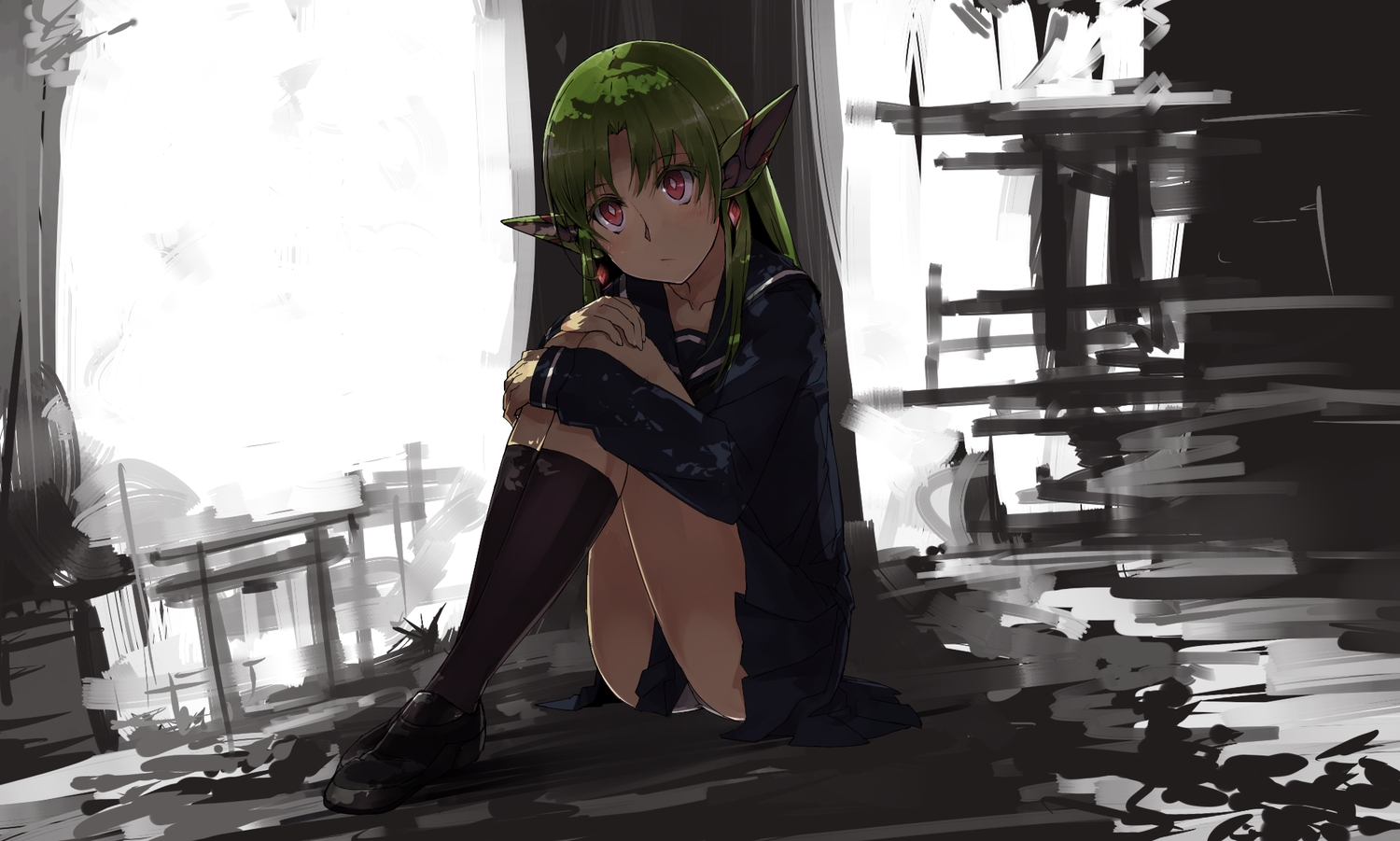 green_hair, kneehighs, kusanagi_kaoru, long_hair, original, panties, pointed_ears, red_eyes, school_uniform, skirt, underwear