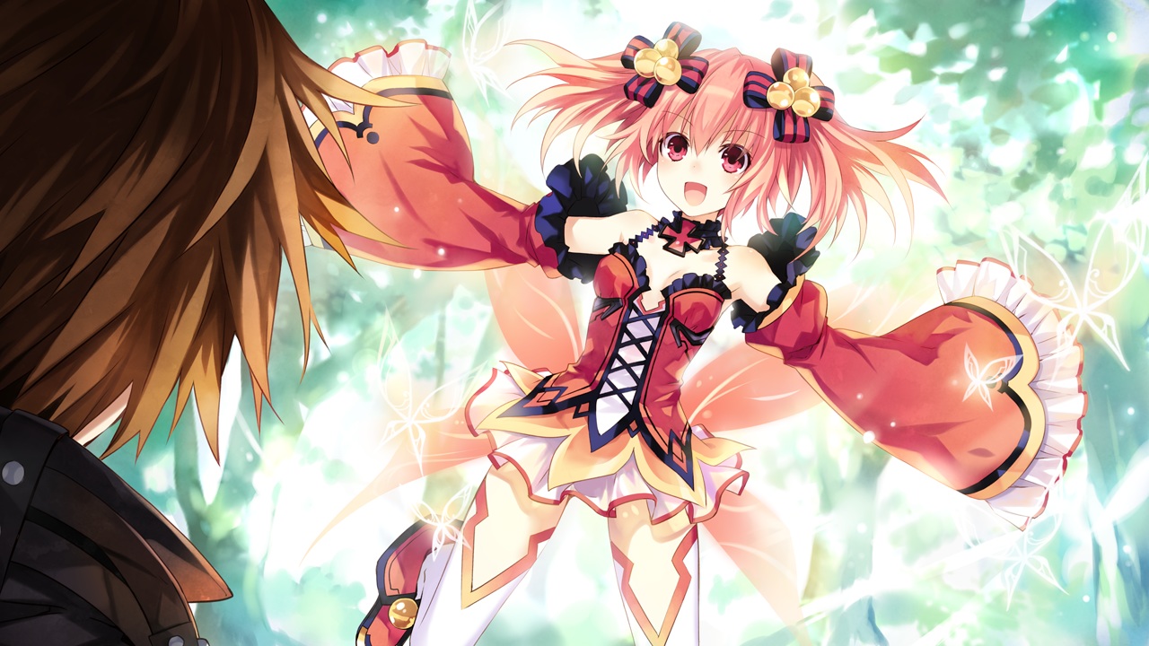 alyn_(fairy_fencer_f), brown_hair, choker, fairy_fencer_f, fang_(fairy_fencer_f), game_cg, pink_eyes, pink_hair