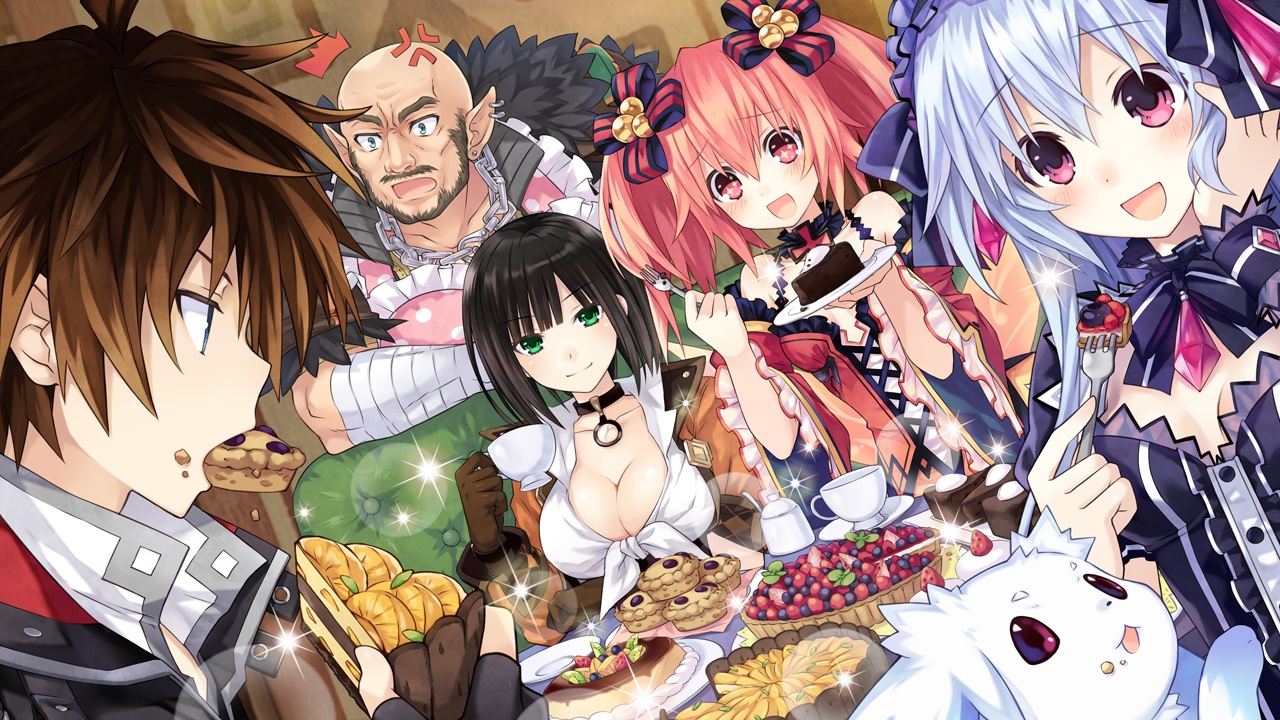 alyn_(fairy_fencer_f), bandage, black_hair, blue_eyes, blue_hair, blush, breasts, brown_hair, cake, chain, choker, cleavage, drink, fairy_fencer_f, fang_(fairy_fencer_f), food, game_cg, gloves, green_eyes, group, harler_(fairy_fencer_f), headdress, lolita_fashion, long_hair, male, pink_eyes, pink_hair, pointed_ears, short_hair, tiara_(fairy_fencer_f), tsunako, twintails