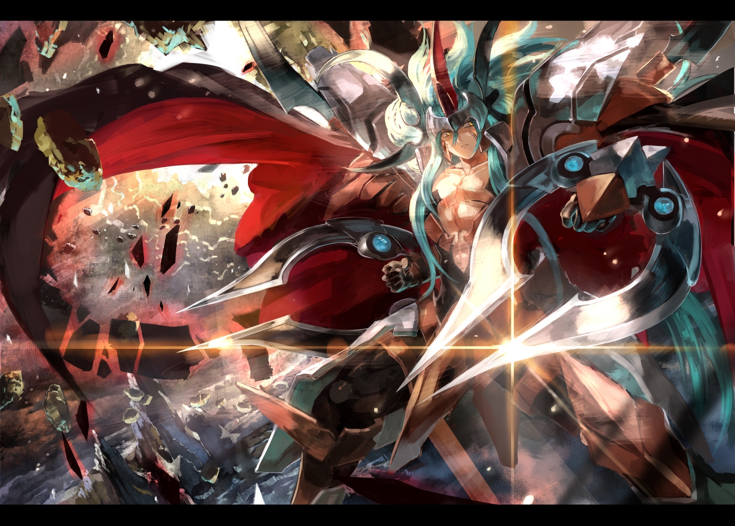 all_male, armor, cardfight!!_vanguard, gloves, male, salvation_lion_grand_ezel_scissors, ultimate_asuka, yellow_eyes