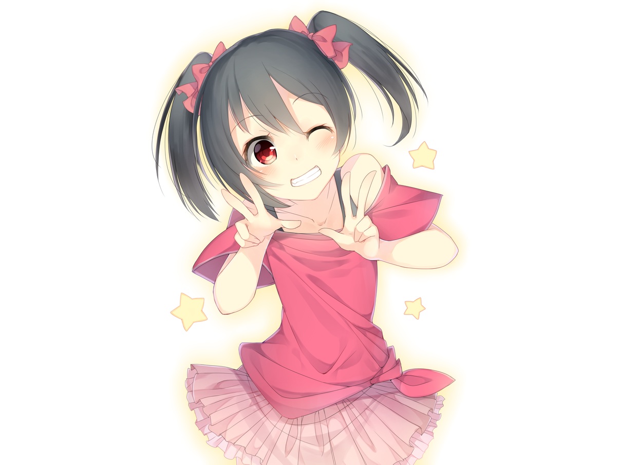 7zu7, black_hair, love_live!_school_idol_project, red_eyes, short_hair, skirt, twintails, white, wink, yazawa_nico