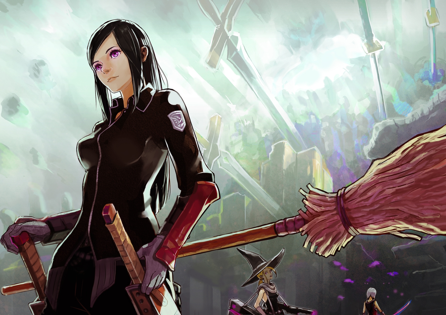 black_hair, blonde_hair, gloves, hat, long_hair, okuto, original, purple_eyes