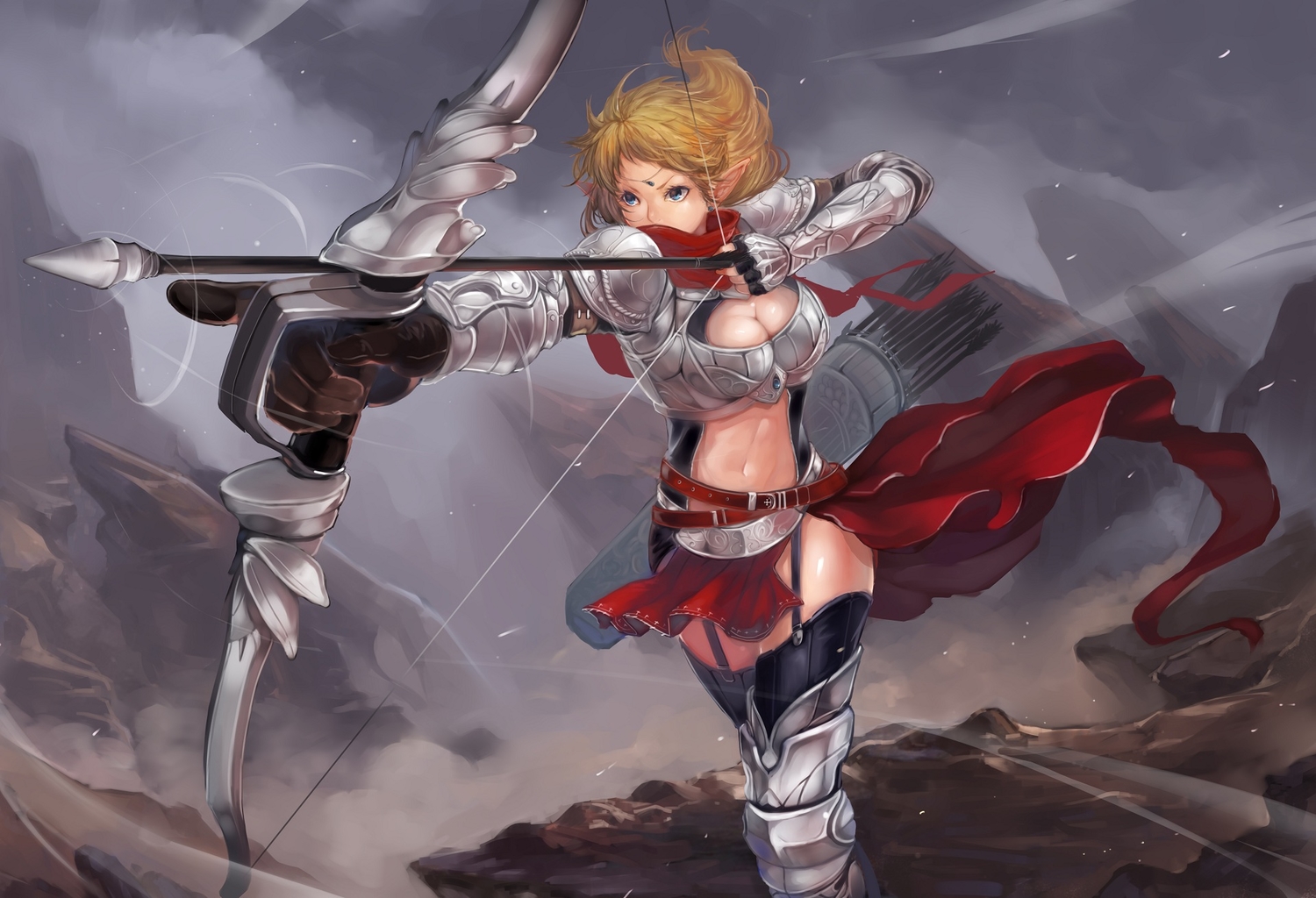 armor, blonde_hair, blue_eyes, bow_(weapon), breasts, cleavage, garter_belt, gloves
