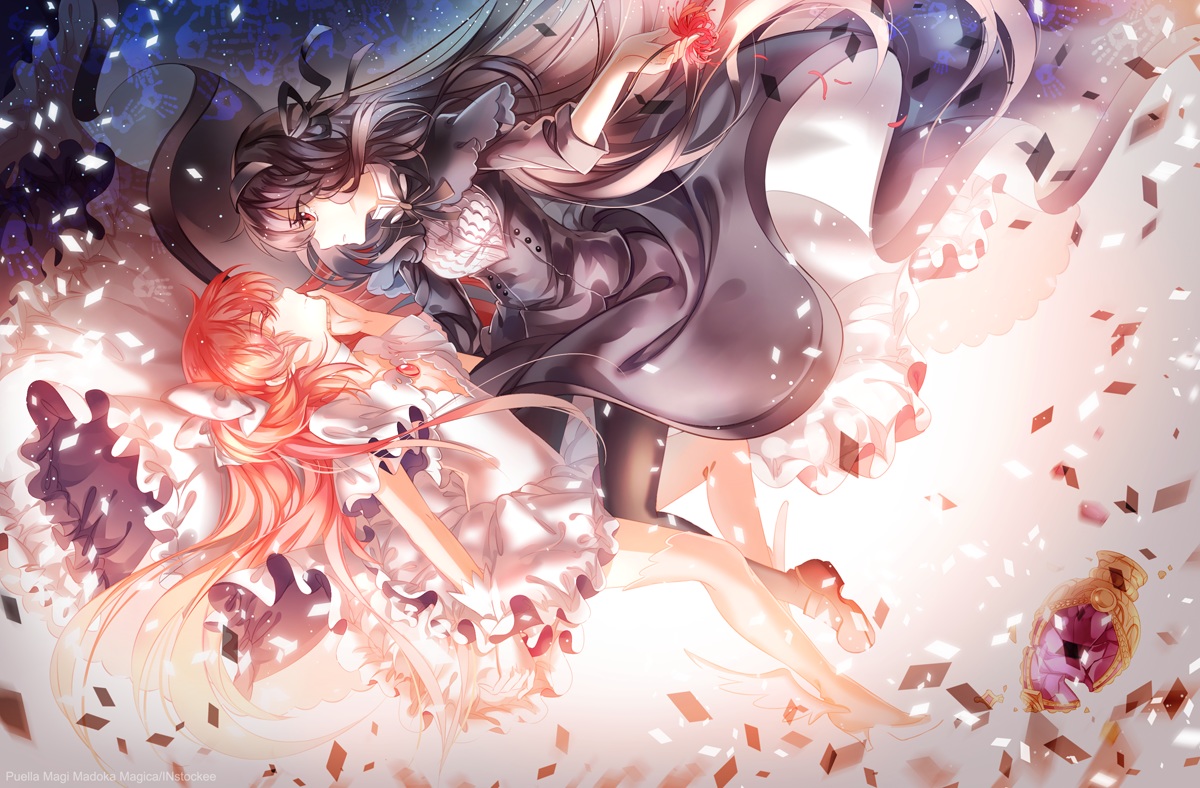 2girls, akemi_homura, black_hair, dress, flowers, headband, homulilly, instockee