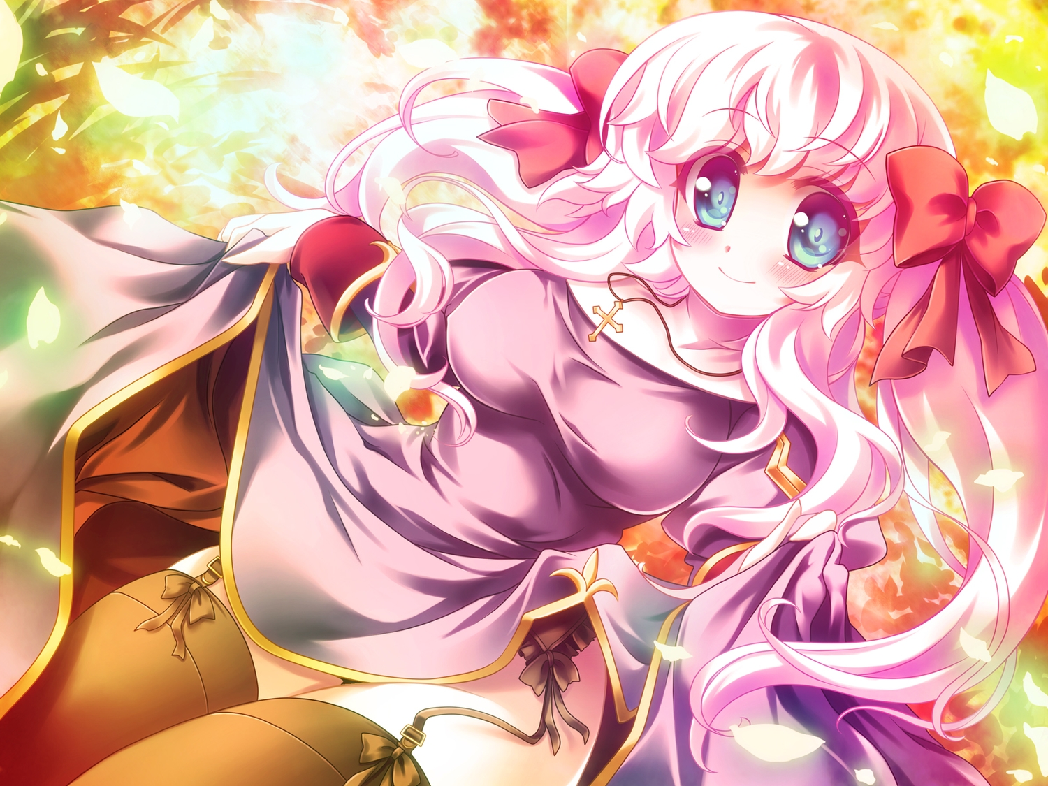 blue_eyes, bow, cross, long_hair, mini_koala, necklace, pink_hair, priest_(ragnarok_online), ragnarok_online, thighhighs, twintails