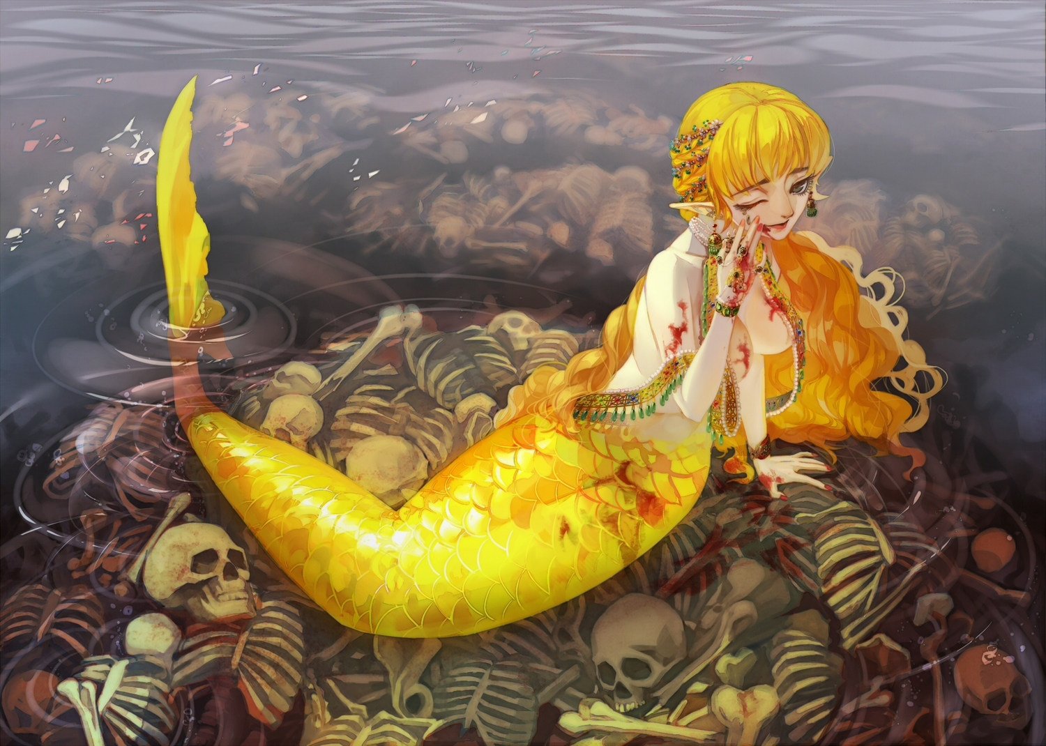 blonde_hair, blood, bones, breasts, buming, cleavage, long_hair, mermaid, original, pointed_ears, skull, water, wink