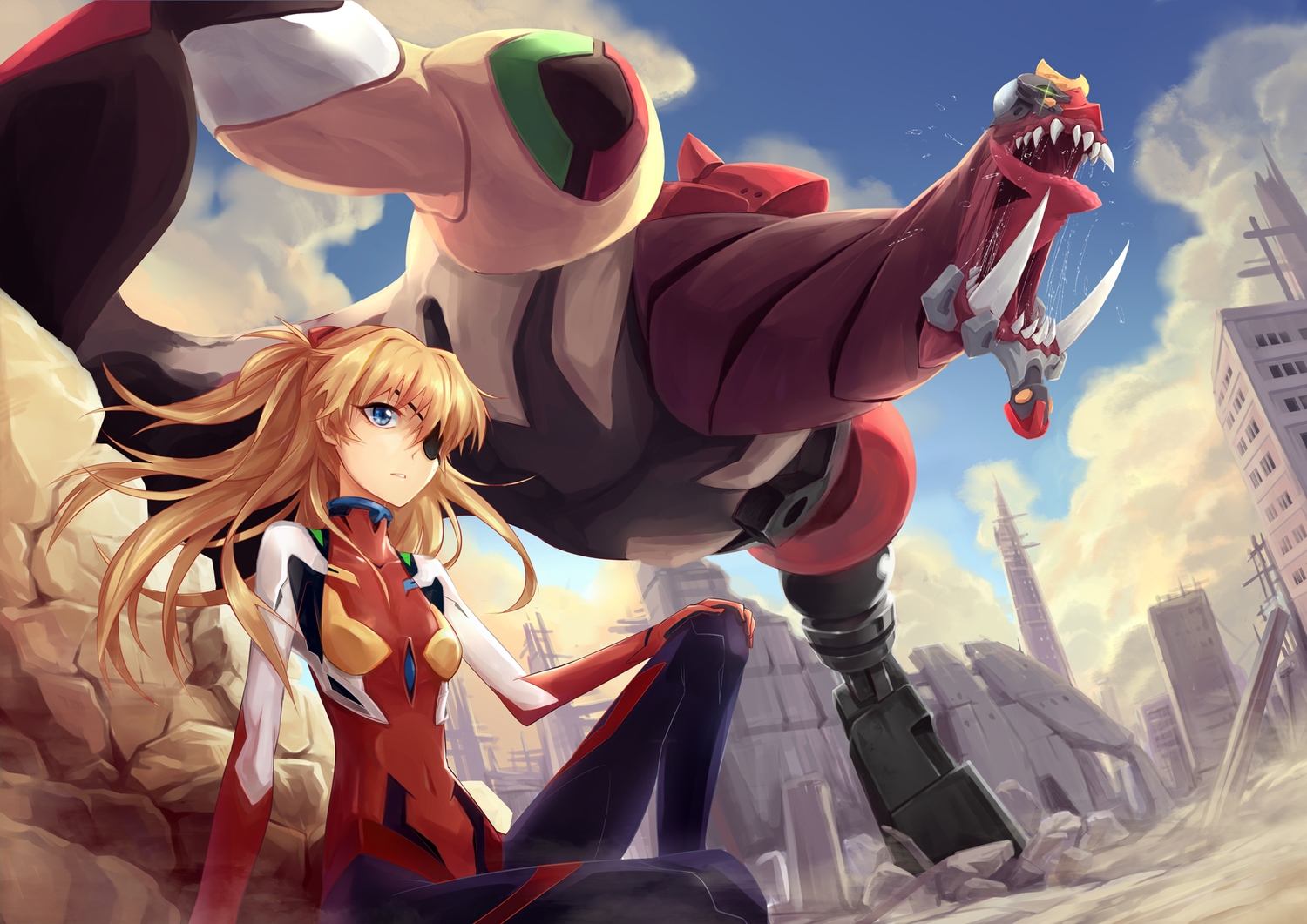 blue_eyes, bodysuit, brown_hair, building, eva-02, eyepatch, long_hair, mecha, neon_genesis_evangelion, ruins, skintight, soryu_asuka_langley, tamaxi123