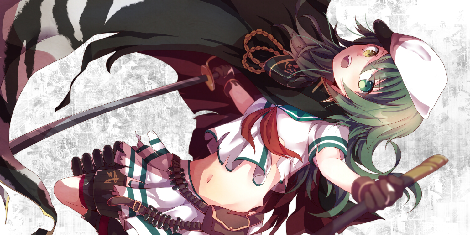 anthropomorphism, bicolored_eyes, cape, gloves, gomano_rio, green_hair, hat, kantai_collection