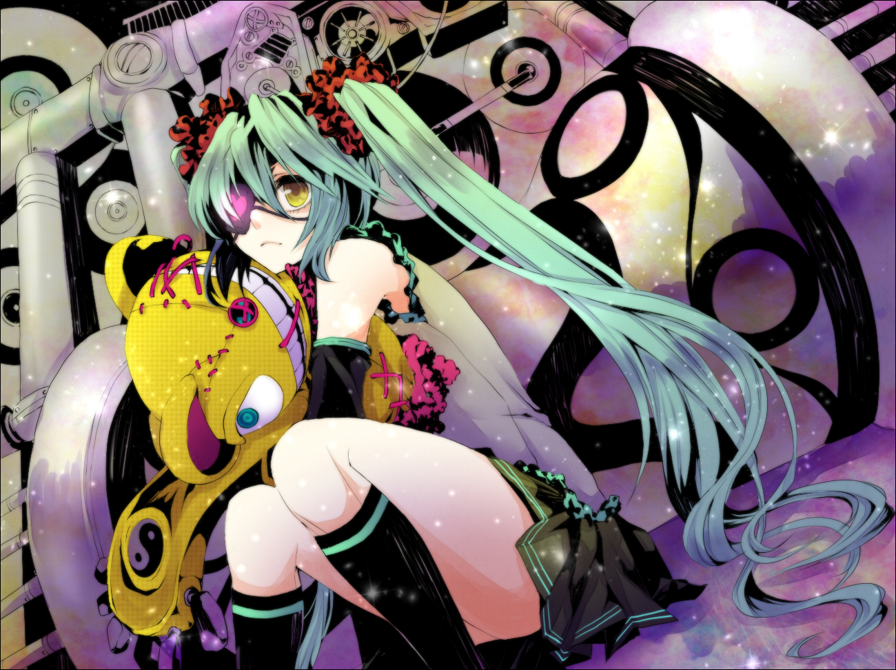 blue_hair, eyepatch, gomano_rio, hatsune_miku, kneehighs, long_hair, skirt, teddy_bear
