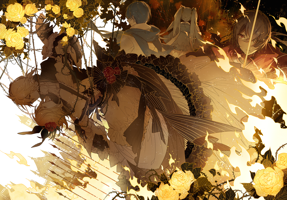 aku_no_meshitsukai_(vocaloid), aku_no_musume_(vocaloid), blonde_hair, blue_hair, dress, flowers, hatsune_miku, kagamine_len, kagamine_rin, kaito, long_hair, male, red_eyes, rella, rose, scarf, short_hair, sword, twintails, vocaloid, weapon