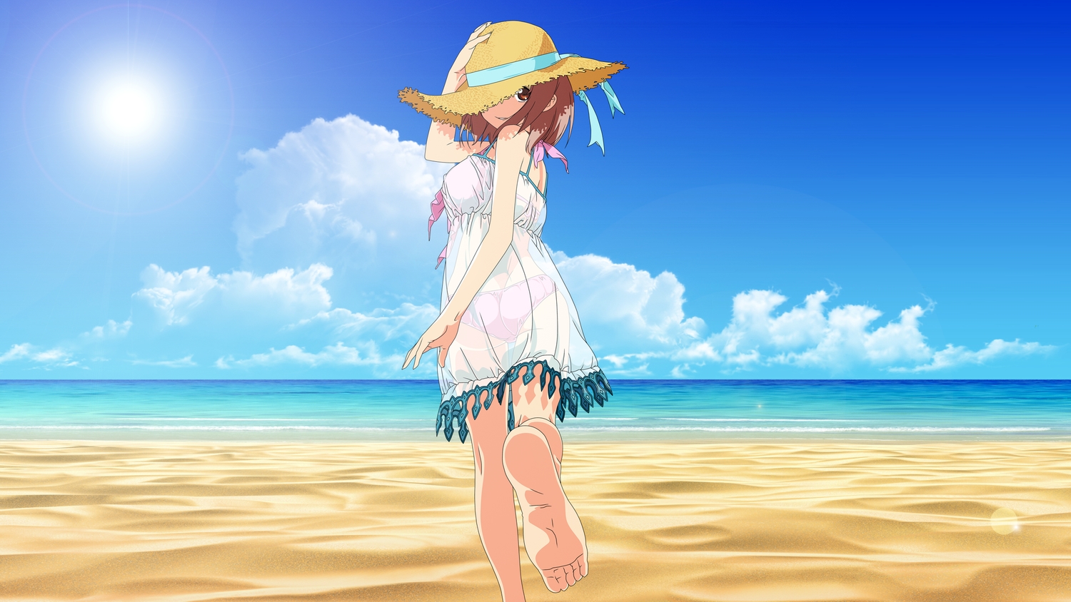 barefoot, beach, brown_eyes, brown_hair, clouds, dress, hat, hataraku_maou-sama!