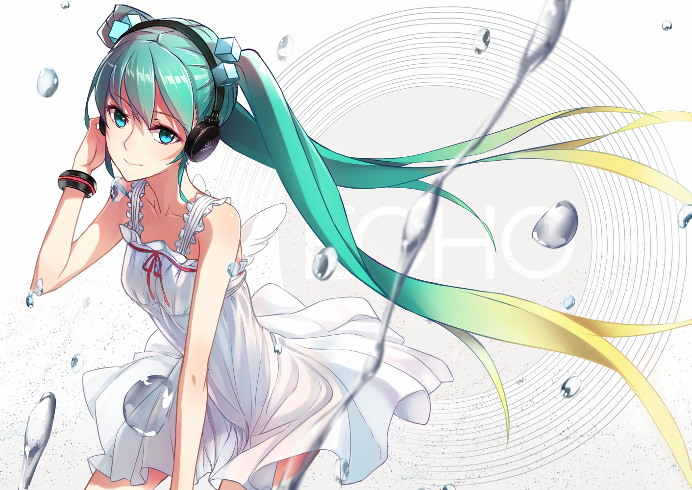aqua_eyes, aqua_hair, dress, hatsune_miku, headphones, long_hair, phantania, summer_dress, twintails, vocaloid, water, wings