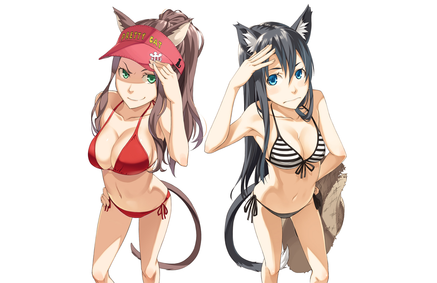 2girls, animal_ears, bikini, black_hair, blue_eyes, breasts, brown_hair, catgirl