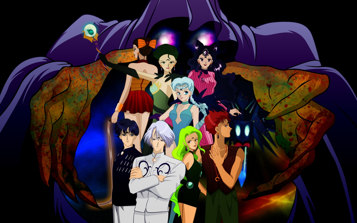 berthier, blue_hair, demande, elbow_gloves, esmeraude, gloves, green_hair, long_hair, male, red_hair, rubeus, sailor_moon, saphir, short_hair, white_hair