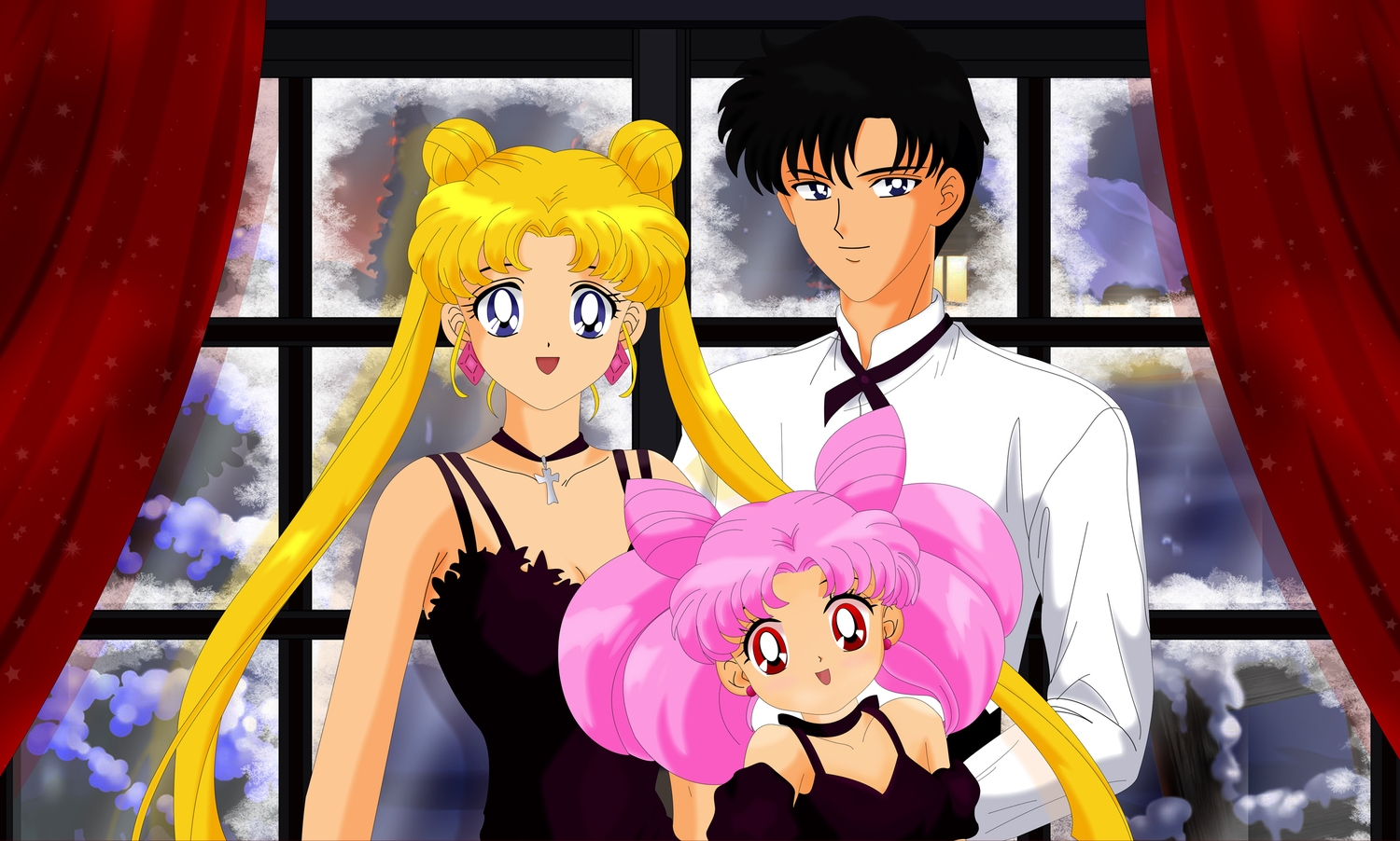 black_hair, blonde_hair, blue_eyes, chiba_mamoru, chibiusa, choker, christmas, dress