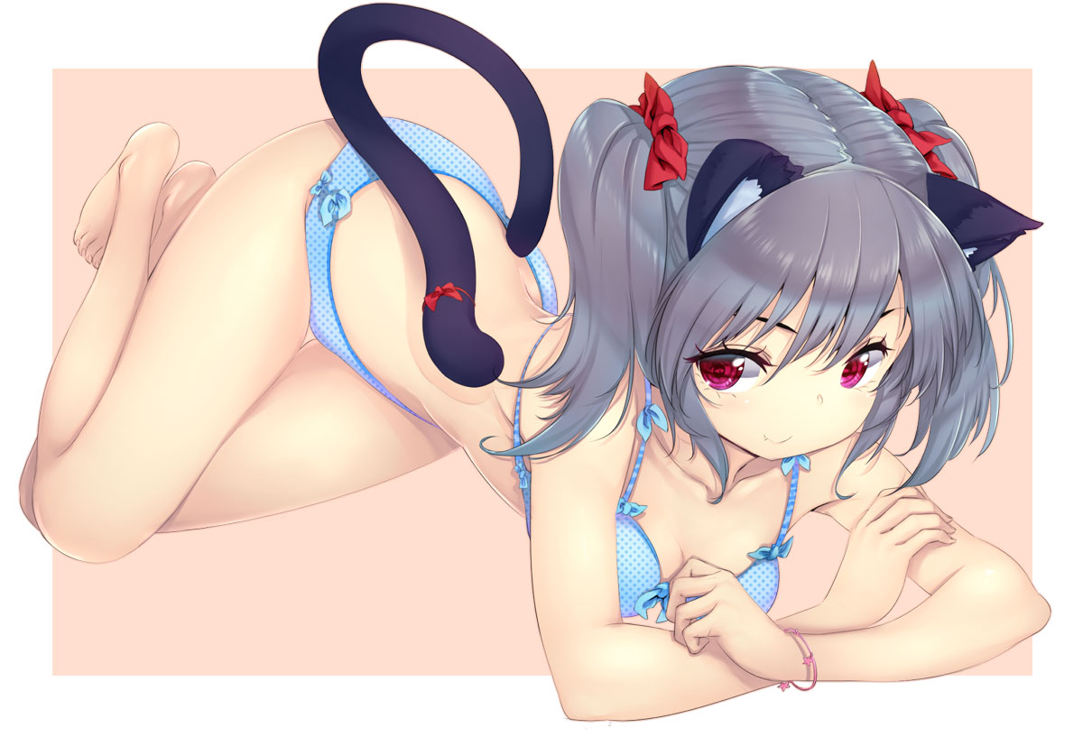 animal_ears, barefoot, bikini, blue_hair, bow, catgirl, fang, jpeg_artifacts, original, red_eyes, swimsuit, tail, twintails, zizi_(zz22)