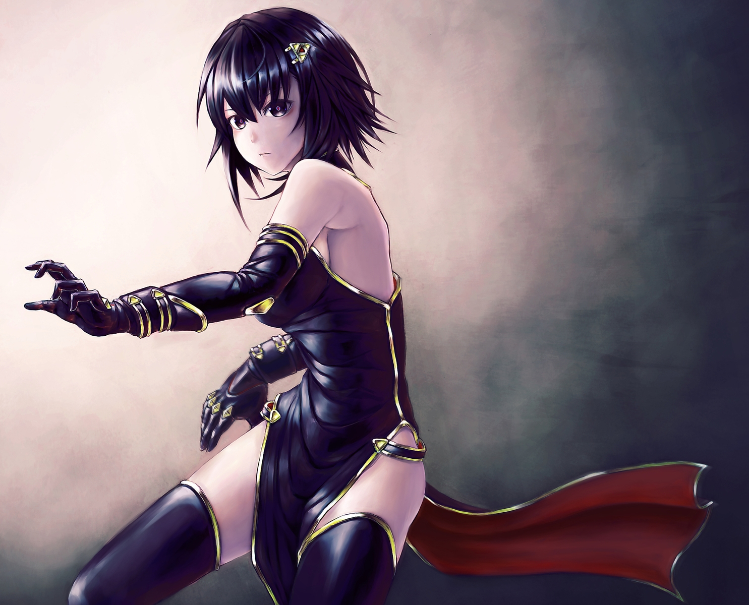 black_eyes, black_hair, chinese_clothes, chinese_dress, dress, elbow_gloves, gloves, mstm