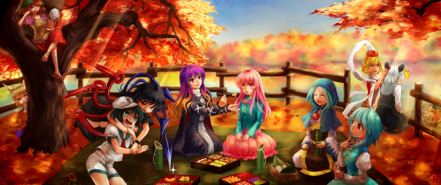 animal_ears, autumn, bicolored_eyes, black_hair, blonde_hair, blue_eyes, blue_hair, bow, brown_eyes, brown_hair, cape, dress, food, futatsuiwa_mamizou, glasses, gray_hair, hat, hata_no_kokoro, hijiri_byakuren, houjuu_nue, kasodani_kyouko, kumoi_ichirin, long_hair, mousegirl, murasa_minamitsu, nazrin, nora_(le-chat-noir), pink_eyes, pink_hair, purple_hair, red_eyes, ribbons, short_hair, tail, tatara_kogasa, thighhighs, toramaru_shou, touhou, toyosatomimi_no_miko, wings, yellow_eyes