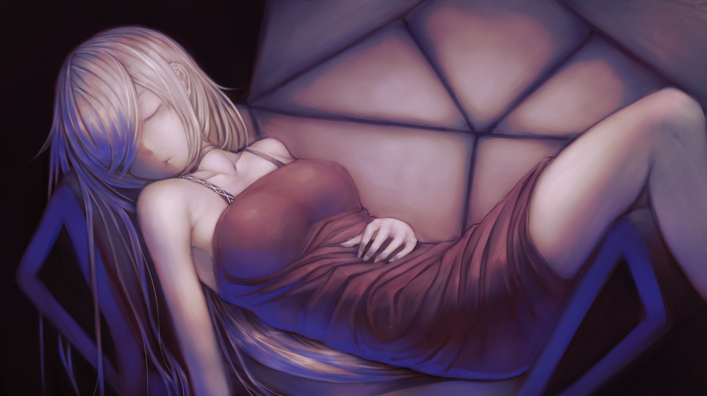 blonde_hair, choker, dress, long_hair, mstm, original, sleeping