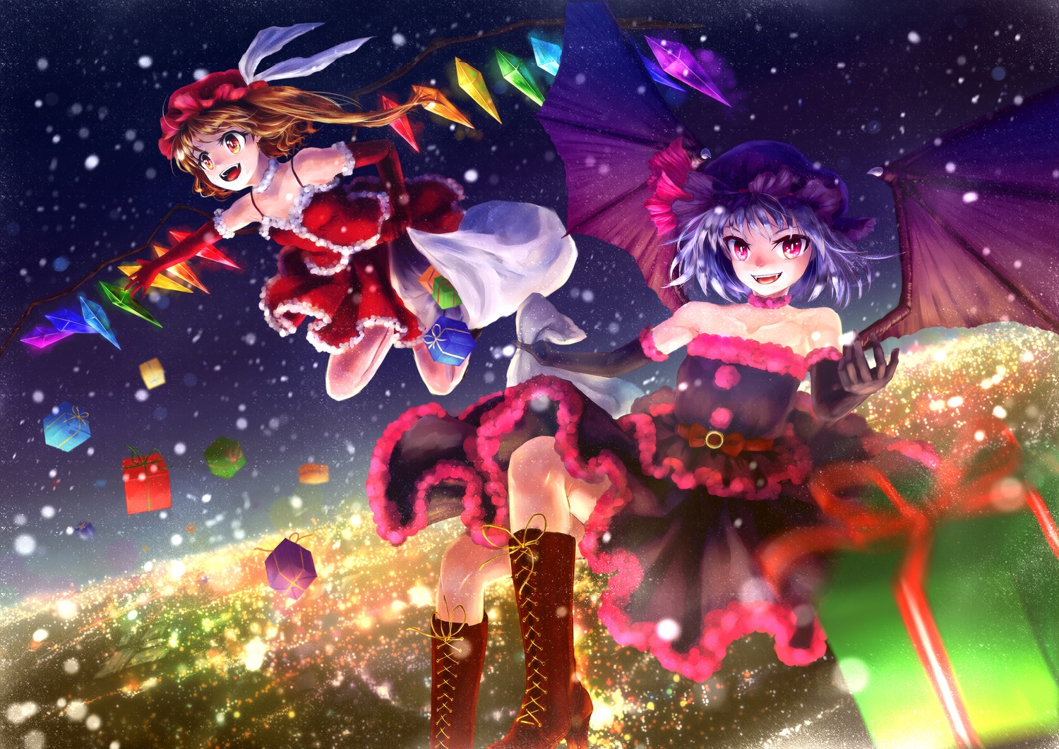 2girls, blonde_hair, blue_hair, boots, christmas, dress, elbow_gloves, fang, flandre_scarlet, gloves, hat, night, nora_(le-chat-noir), orange_eyes, pink_eyes, ponytail, red_eyes, remilia_scarlet, santa_costume, short_hair, snow, touhou, vampire, wings