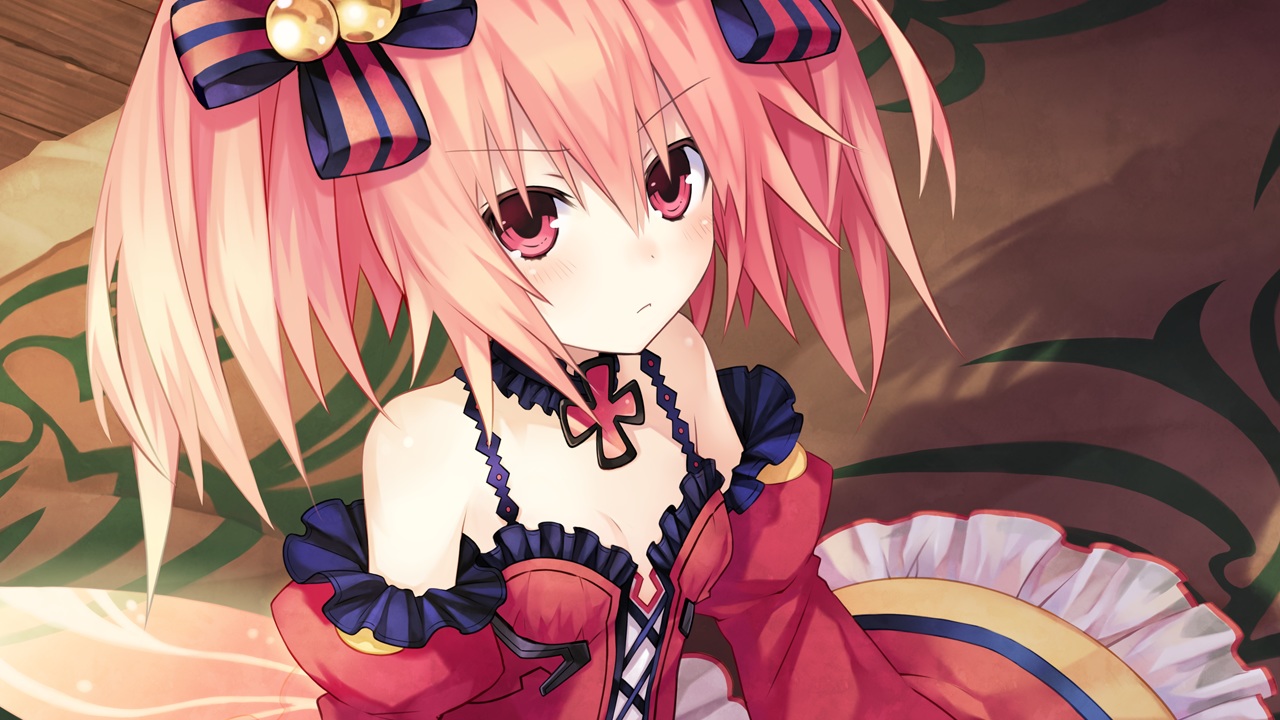 alyn_(fairy_fencer_f), blush, choker, cross, dress, fairy_fencer_f, game_cg, lolita_fashion, pink_eyes, pink_hair, short_hair, tsunako, twintails