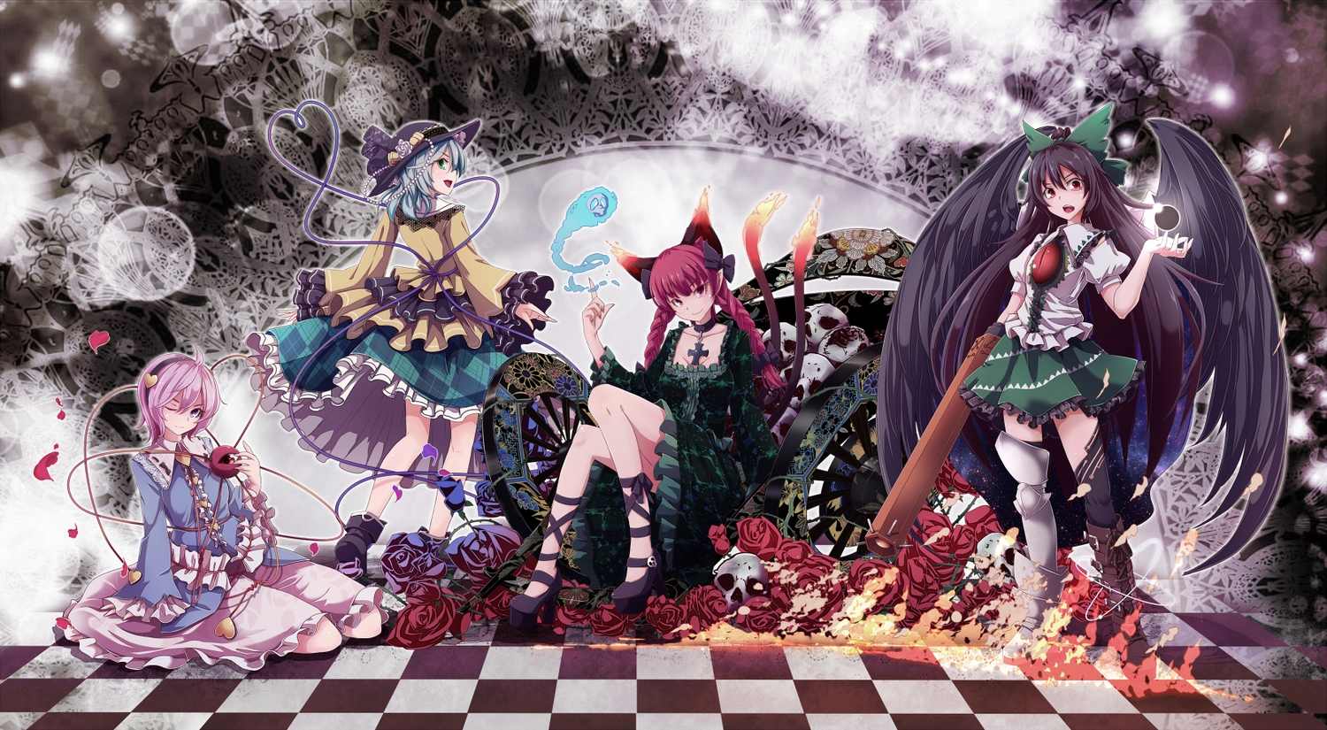 animal_ears, boots, bow, braids, catgirl, dress, flowers, green_eyes, hat, headband, kaenbyou_rin, komeiji_koishi, komeiji_satori, long_hair, nikka, pink_eyes, pink_hair, pointed_ears, ponytail, red_eyes, red_hair, reiuji_utsuho, ribbons, rose, short_hair, skirt, skull, tail, thighhighs, touhou, weapon, wings, wink