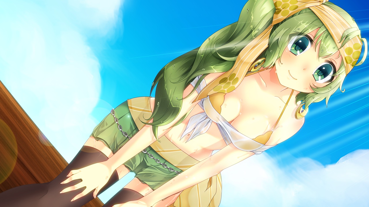 bikini, blush, breasts, chain, cleavage, game_cg, green_hair, headband, long_hair, navel, sengoku_hime, sengoku_hime_5, skirt, swimsuit, thighhighs, wet, zettai_ryouiki