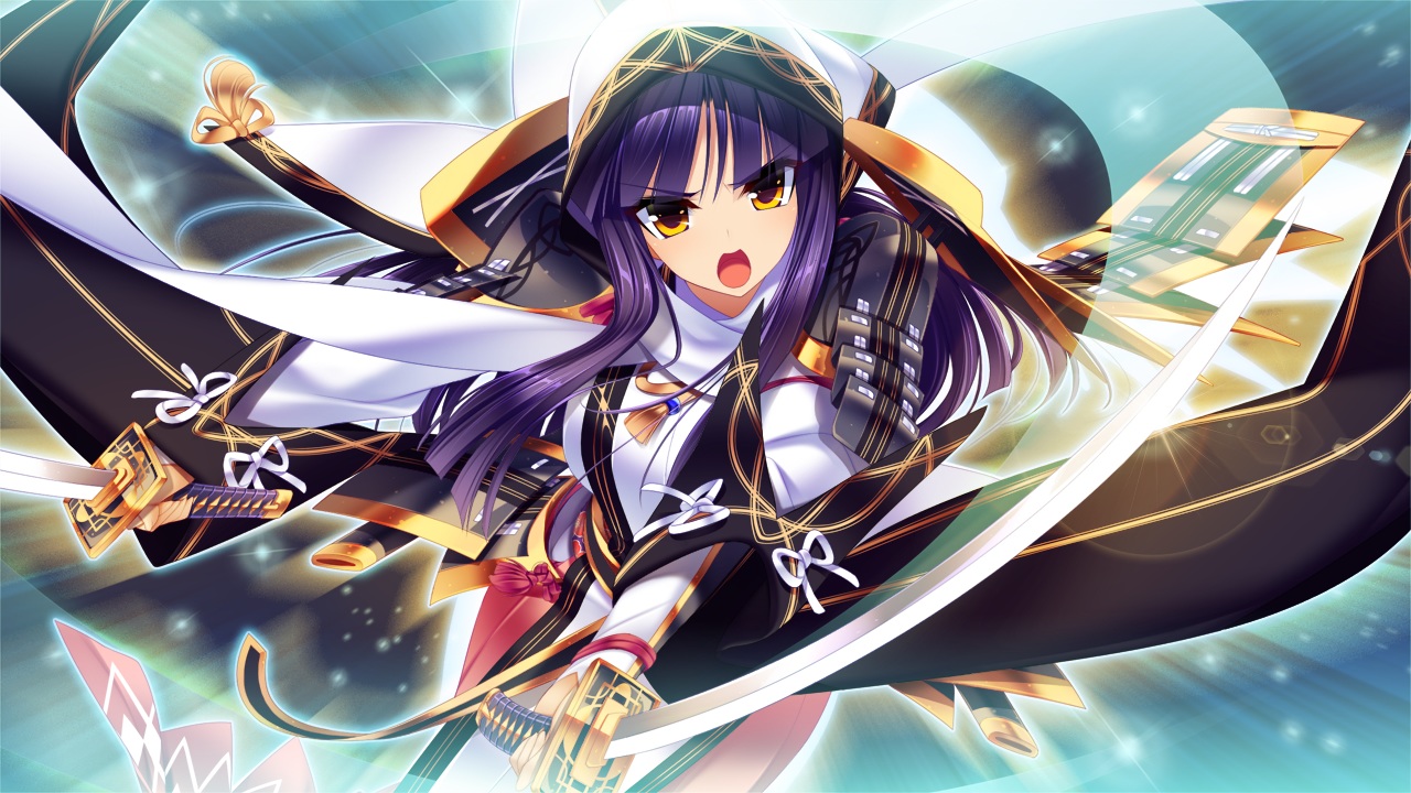 game_cg, katana, long_hair, miyoshi_choukei, purple_hair, sengoku_hime, sengoku_hime_5, sword, weapon, yellow_eyes