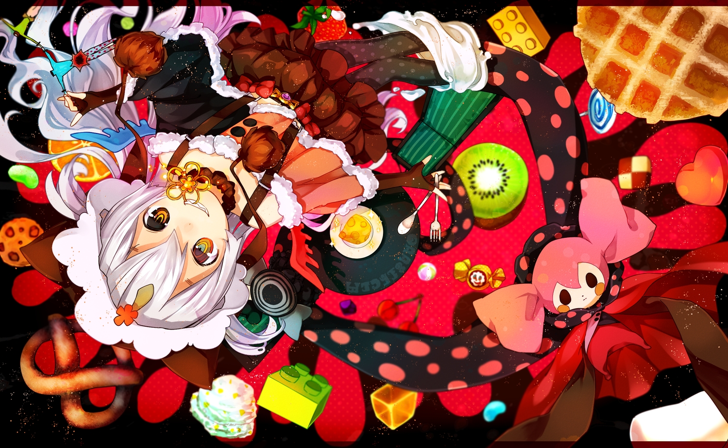 44sann, bicolored_eyes, charlotte_(mahou_shoujo_madoka_magica), dress, fang, gloves, hat, mahou_shoujo_madoka_magica