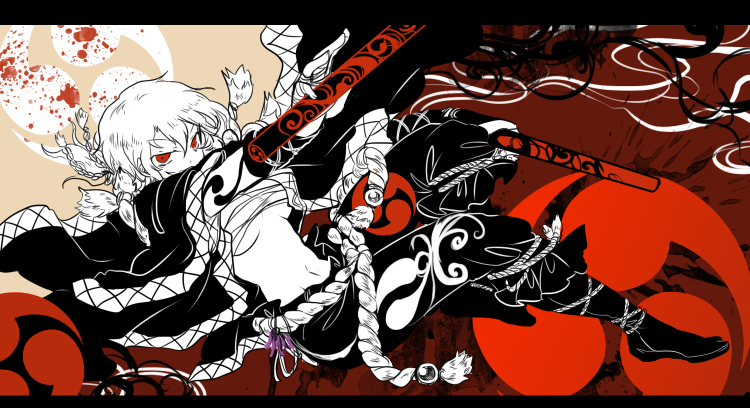 bandage, braids, horikawa_raiko, navel, red_eyes, sarashi, shigureru, touhou