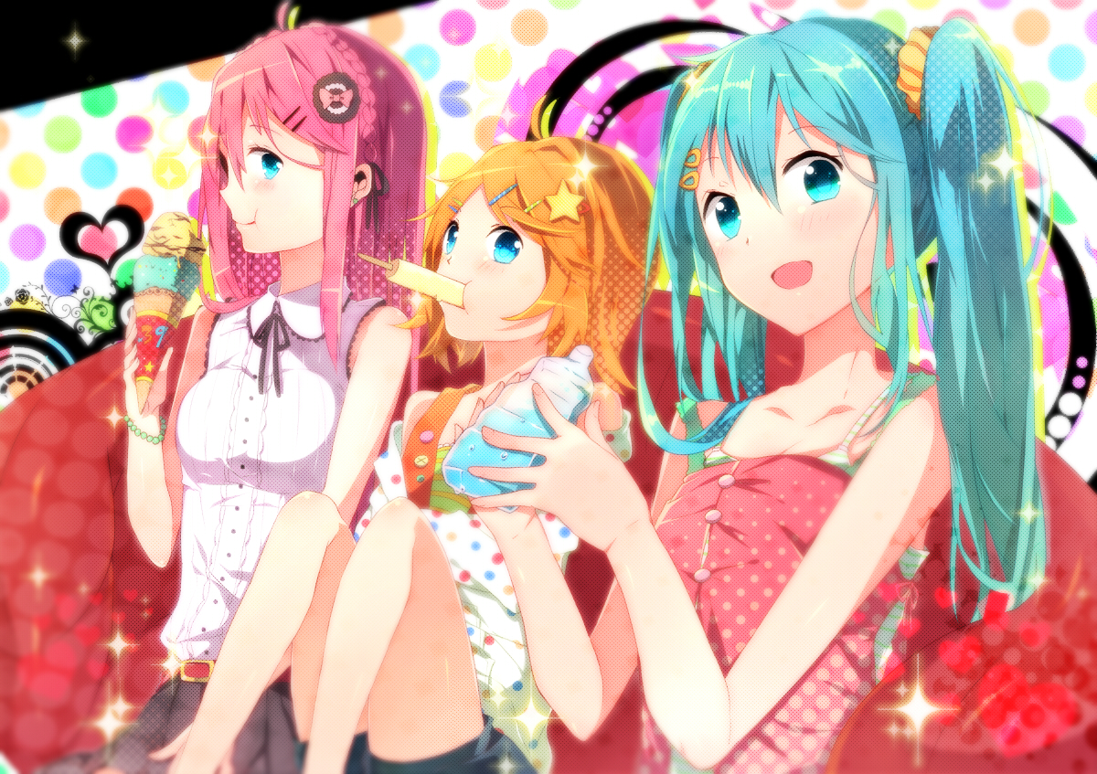 ao_ringo, blonde_hair, blue_eyes, dress, food, hatsune_miku, ice_cream, kagamine_rin, long_hair, megurine_luka, pink_hair, popsicle, short_hair, twintails, vocaloid