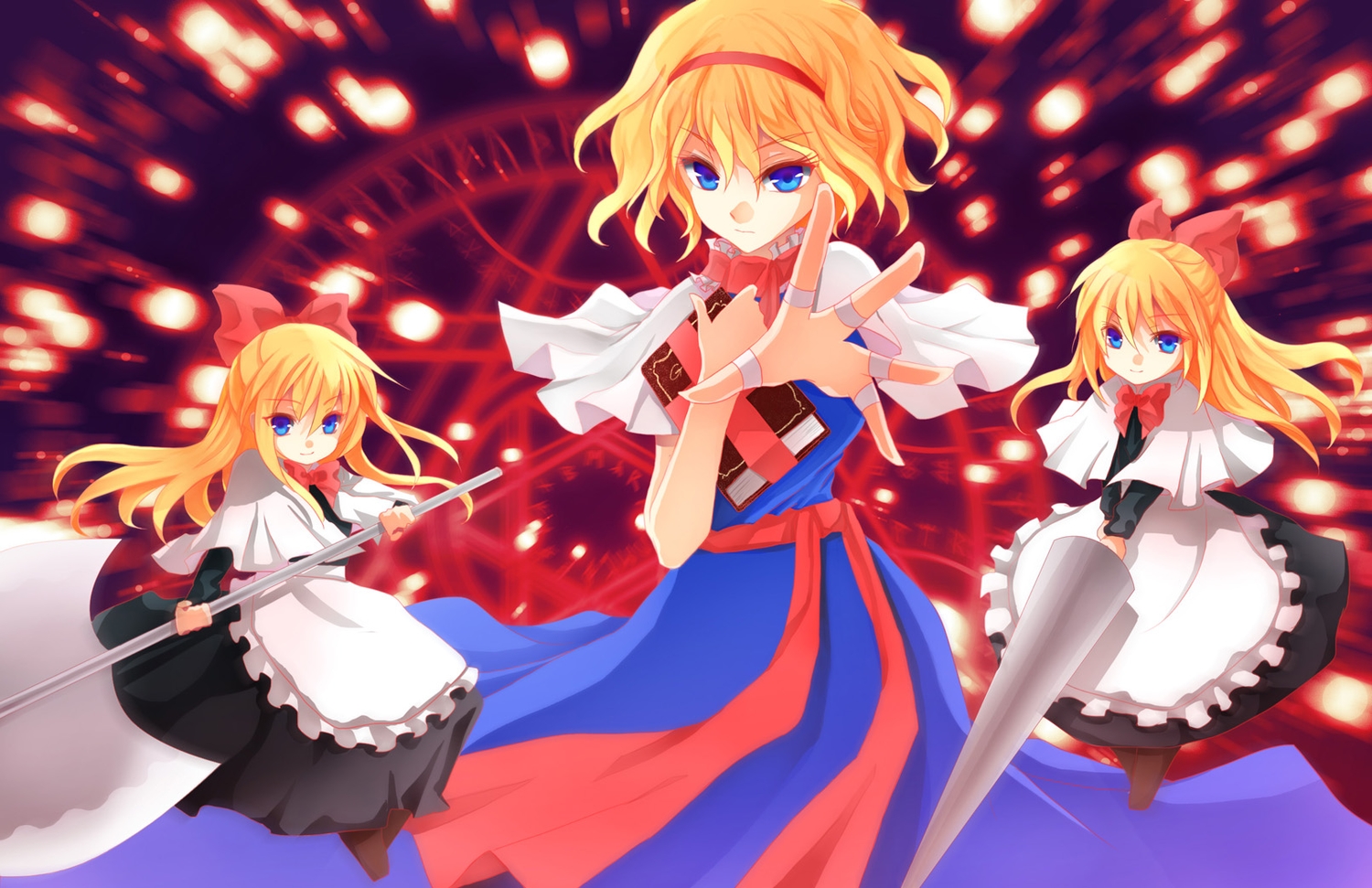 alice_margatroid, apron, asc_(sfhiro), blonde_hair, blue_eyes, book, bow, doll, dress, headband, long_hair, mage, magic, shanghai_doll, short_hair, touhou