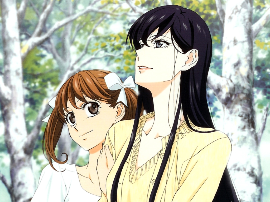 2girls, black_hair, brown_hair, close, fukuzawa_yumi, long_hair, maria-sama_ga_miteru, matatabi_haru, ogasawara_sachiko, rosa_chinensis, short_hair, shoujo_ai, spring, the_virgin_mary_is_watching, tree