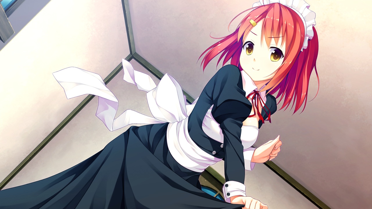 game_cg, headband, ichiban_janakya_dame_desu_ka?, isawa_hotaru, kinta_(distortion), maid, red_hair, ribbons, rosebleu, short_hair, yellow_eyes