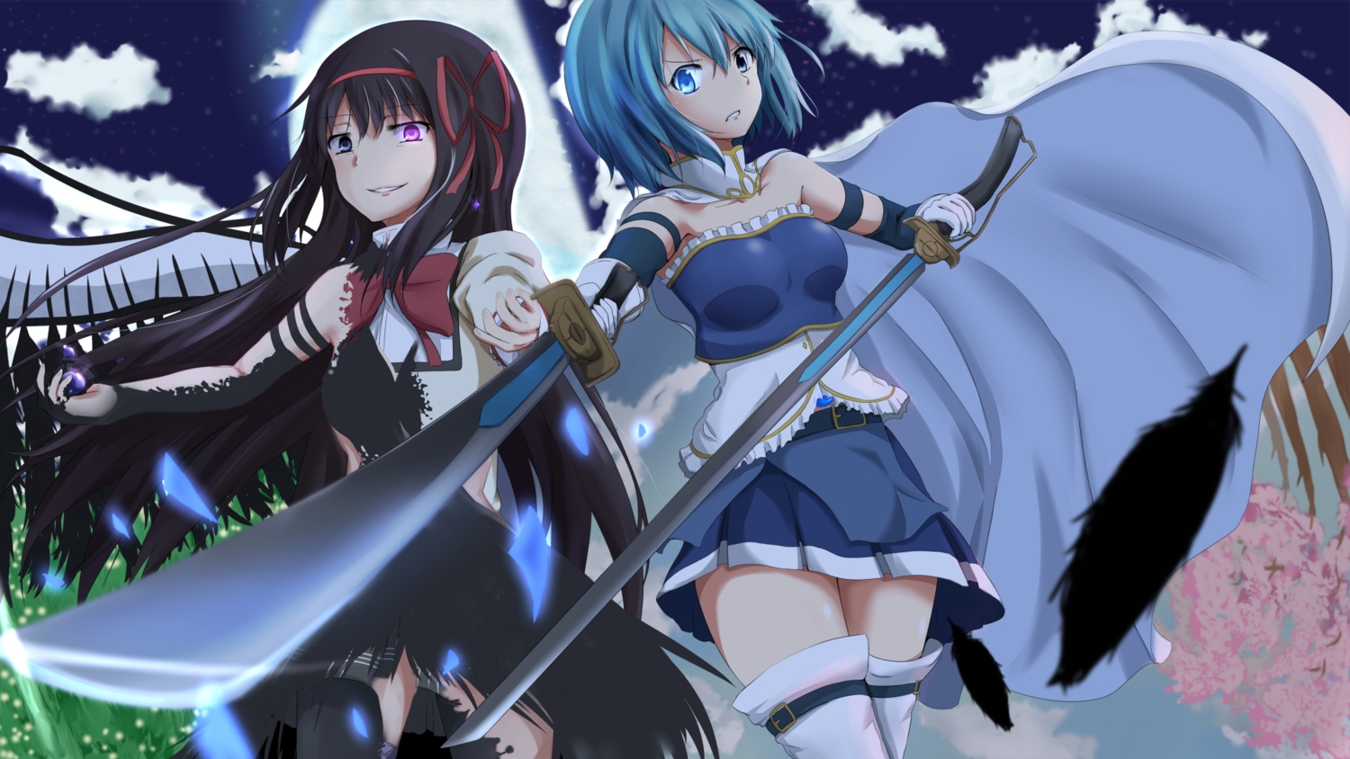 2girls, akemi_homura, black_hair, blue_eyes, blue_hair, gloves, headband, lieass, long_hair, mahou_shoujo_madoka_magica, miki_sayaka, moon, ribbons, school_uniform, short_hair, skirt, sword, thighhighs, weapon, wings, zettai_ryouiki