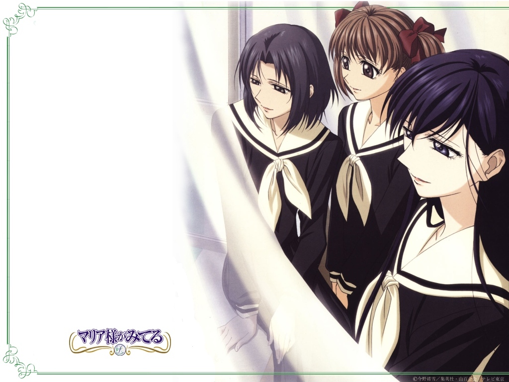 black_hair, brown_hair, fukuzawa_yumi, logo, long_hair, maria-sama_ga_miteru, matatabi_haru, mizuno_youko, ogasawara_sachiko, rosa_chinensis, school_uniform, short_hair, spring, the_virgin_mary_is_watching, twintails
