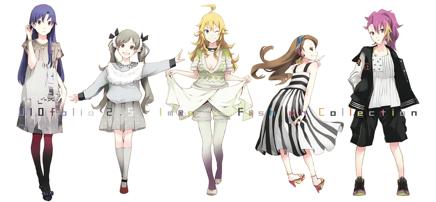blonde_hair, brown_eyes, brown_hair, dress, gray_hair, green_eyes, hakozaki_serika, hoshii_miki, idolmaster, kisaragi_chihaya, long_hair, maihama_ayumu, minase_iori, pantyhose, purple_hair, shorts, socks, twintails, white, yoshito