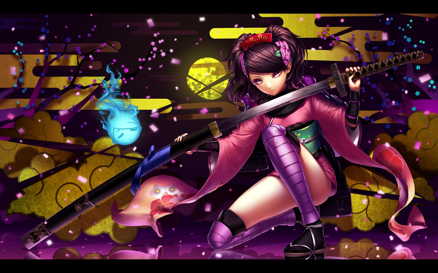 black_hair, headdress, japanese_clothes, katana, kneehighs, master-kouhei, momohime, oboro_muramasa, pink_eyes, short_hair, sword, weapon