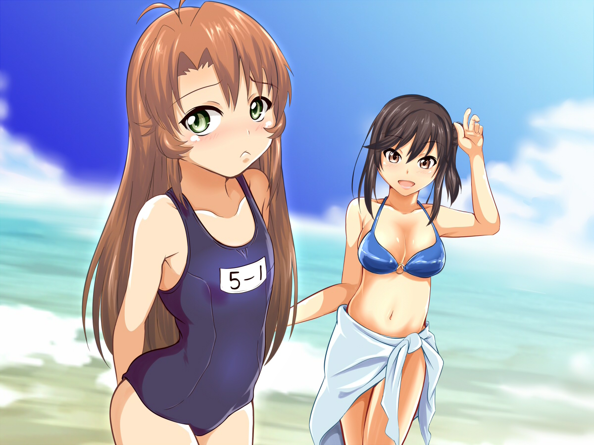 2girls, bikini, black_hair, blush, brown_eyes, brown_hair, green_eyes, ichijou_hotaru