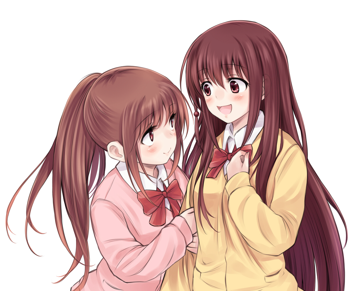 2girls, blush, bow, brown_hair, long_hair, matsumi_kuro, ponytail, red_eyes