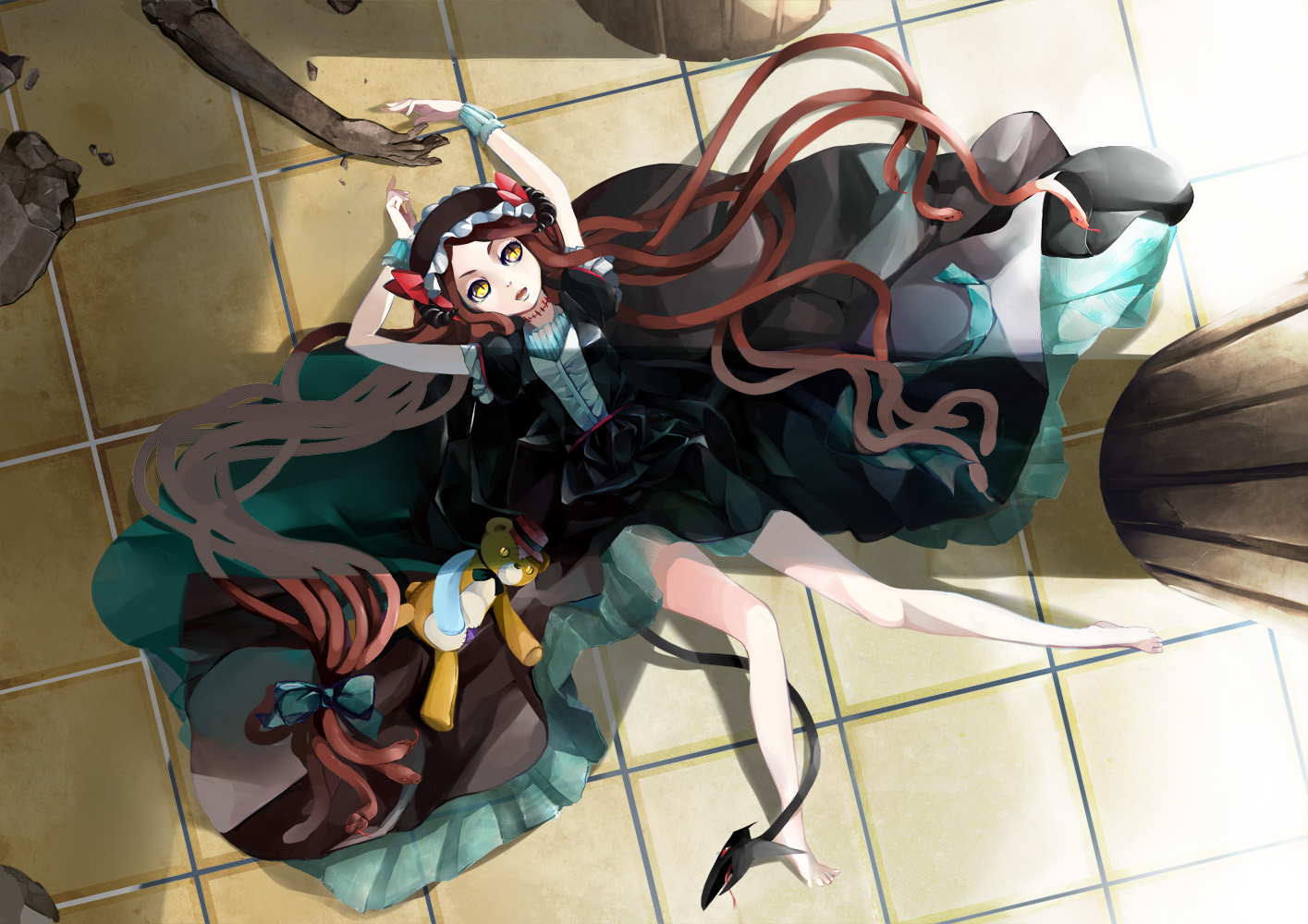 animal, barefoot, bow, dress, hat, long_hair, original, snake, tribute, yellow_eyes