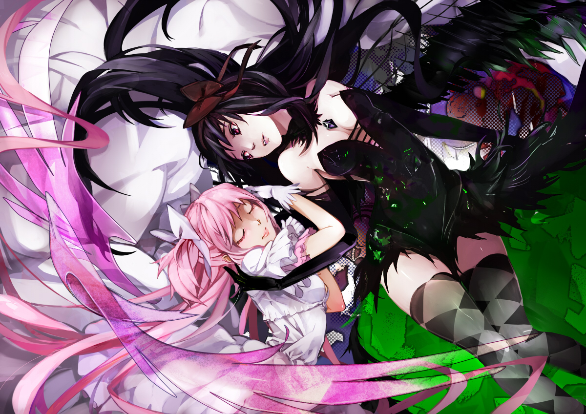 2girls, akemi_homura, akuma_homura, black_hair, blush, bow, dress, elbow_gloves, gloves, headband, kaname_madoka, long_hair, mahou_shoujo_madoka_magica, pink_hair, ribbons, thighhighs, tribute, ultimate_madoka, wings