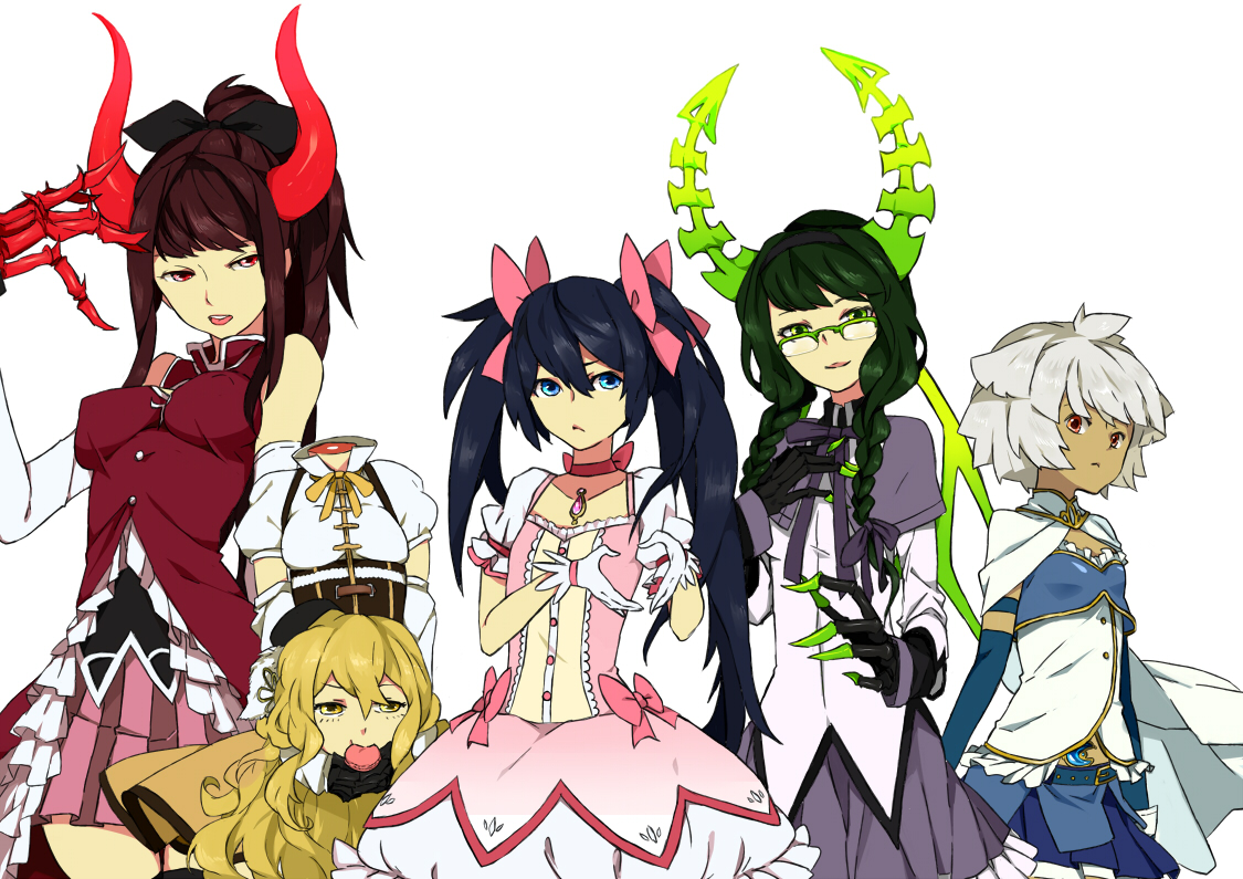 black_hair, black_rock_shooter, blonde_hair, blue_eyes, braids, cosplay, crossover, dress
