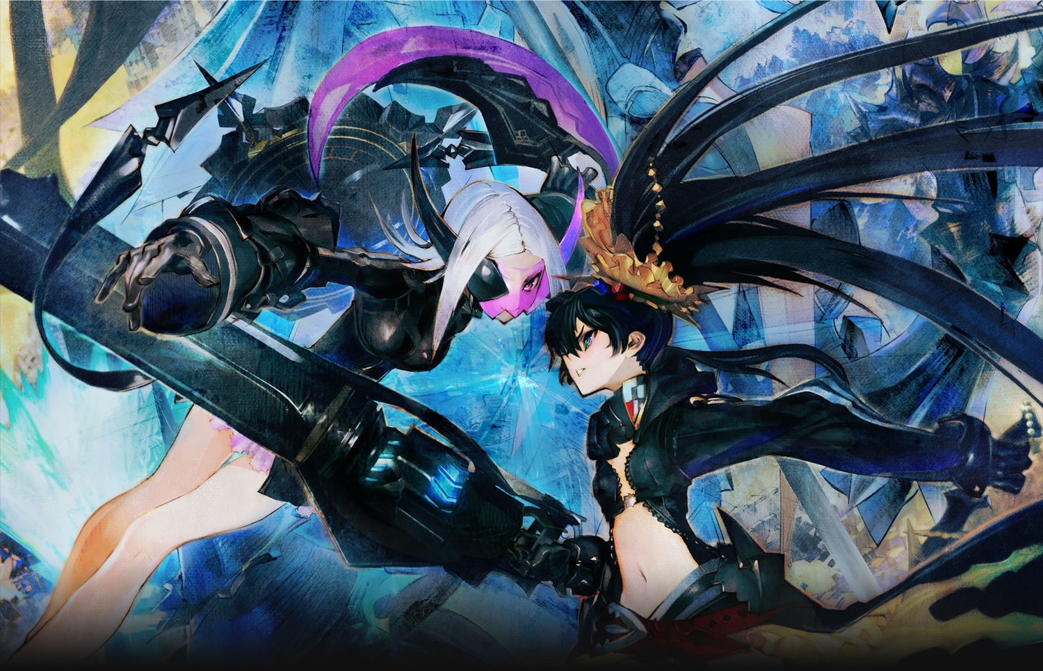 2girls, black_hair, black_rock_shooter, black_rock_shooter_arcana, blue_eyes, crown, farside_bunny, gloves