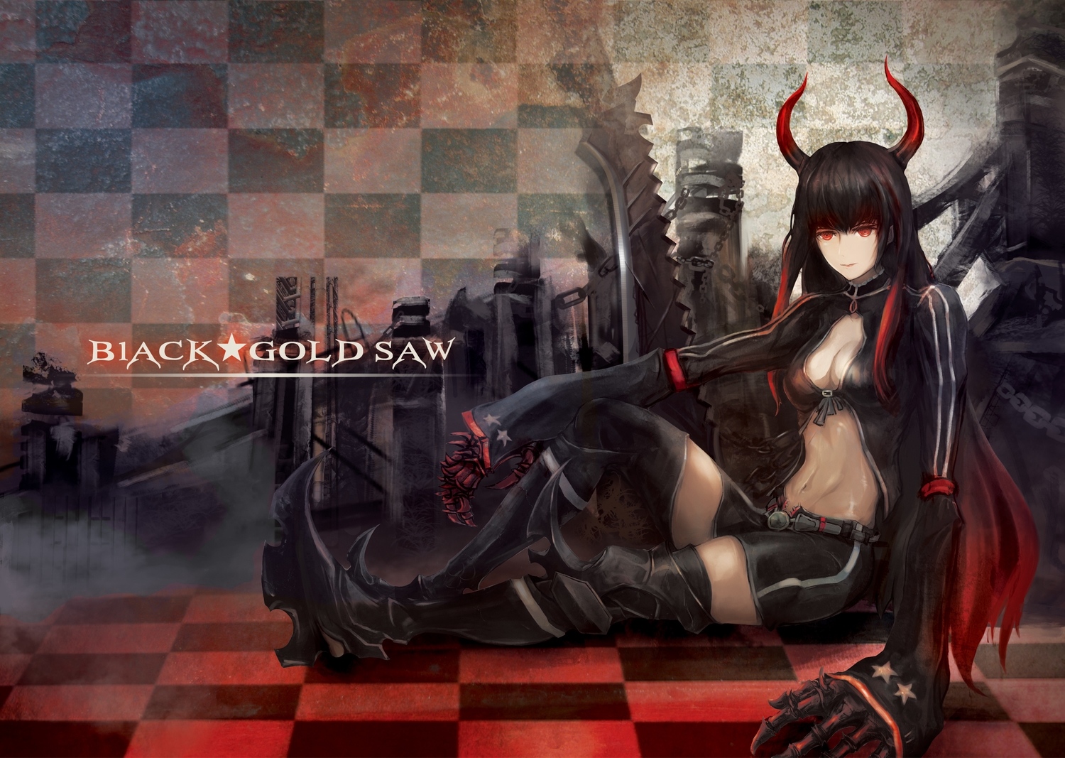 black_hair, black_rock_shooter, boots, bsl, chain, horns, irino_saya, long_hair, red_eyes, red_hair, ruins, shorts, sword, thighhighs, weapon