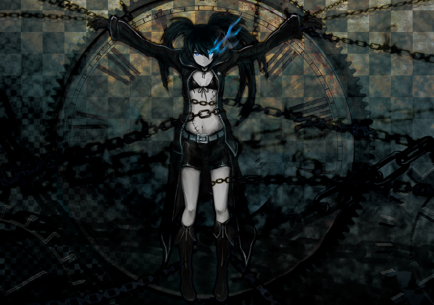 bikini_top, black_hair, black_rock_shooter, blue_eyes, boots, bsl, chain, fire, kuroi_mato, scar, shorts, twintails