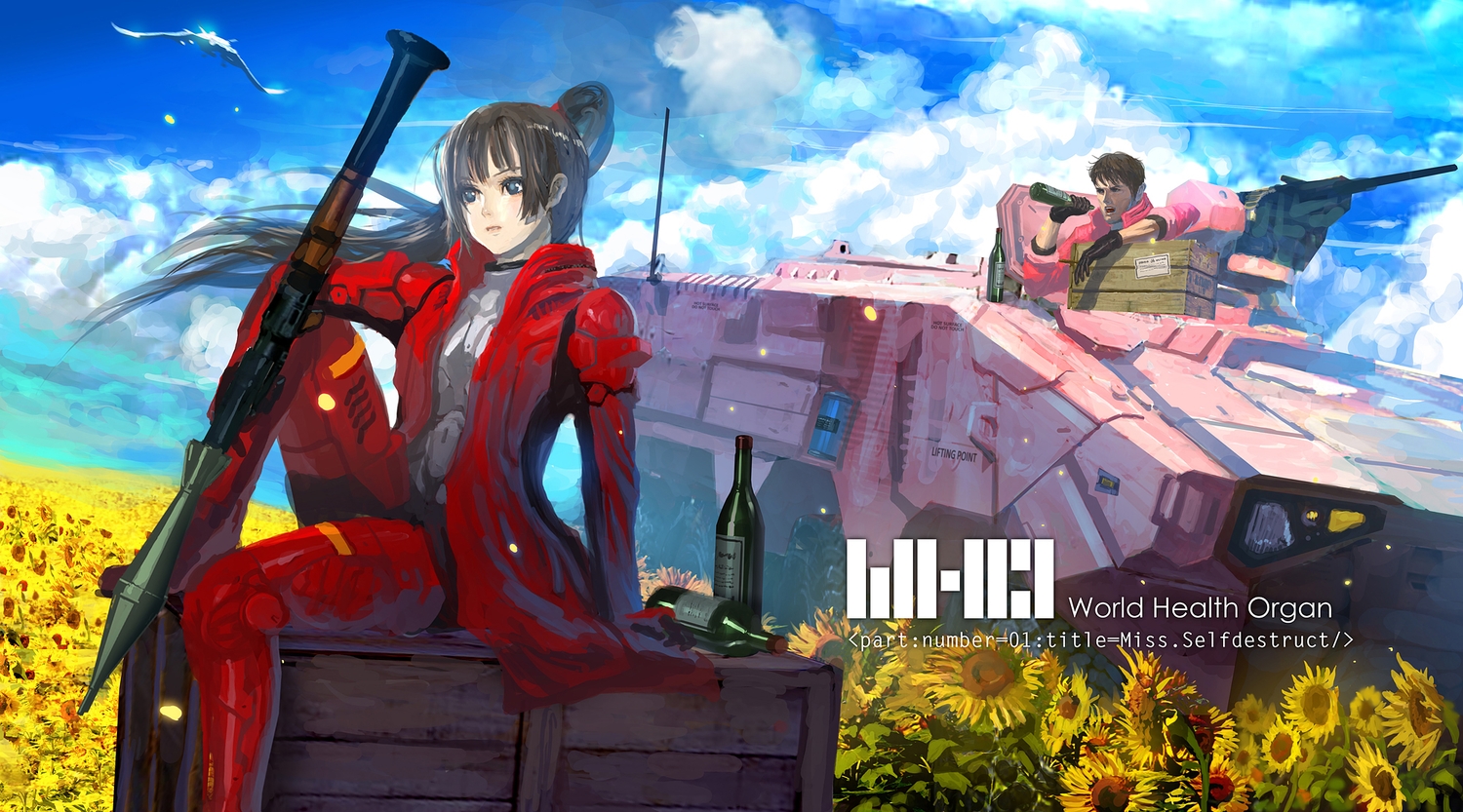 aircraft, blue_eyes, brown_hair, clouds, combat_vehicle, drink, flowers, gloves